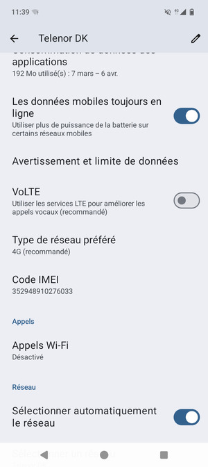 Pour changer de réseau en cas de problèmes de réseau, désactiver Sélectionner automatiquement le réseau