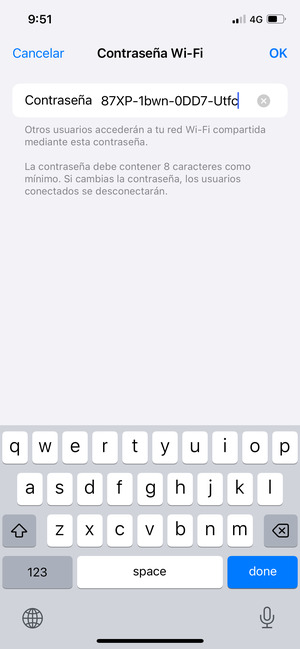 Introduzca una contraseña de punto de acceso Wi-Fi de al menos 8 caracteres y seleccione OK