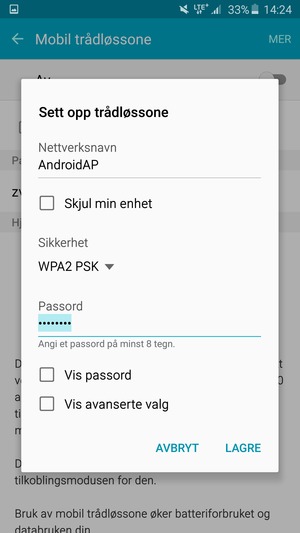 Skriv inn et passord på minst 8 tegn og velg LAGRE
