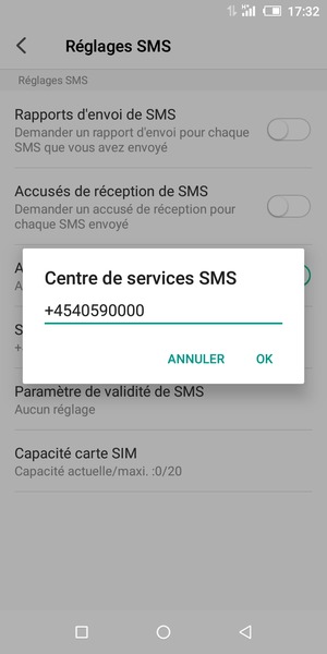 Saisissez le numéro du Centre de services SMS et sélectionnez OK