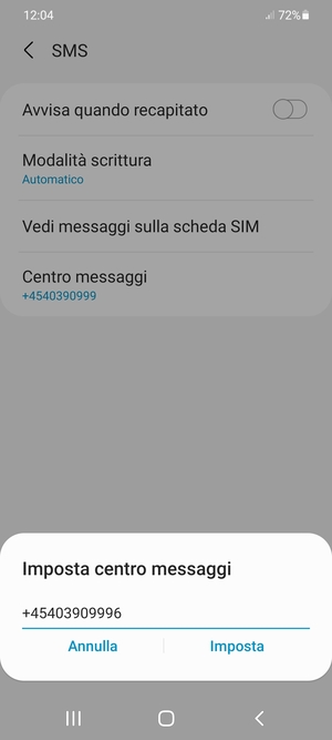 Inserisci il numero di Centro messaggi e seleziona Imposta