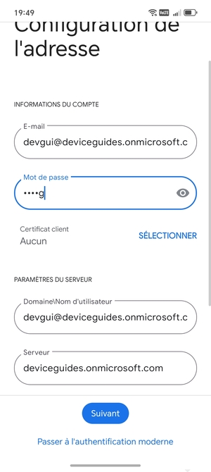 Saisissez votre Nom d'utilisateur et l'adresse du serveur Exchange. Sélectionnez Suivant