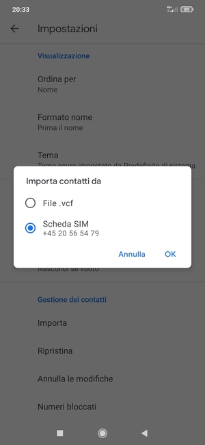 Seleziona Scheda SIM e poi OK