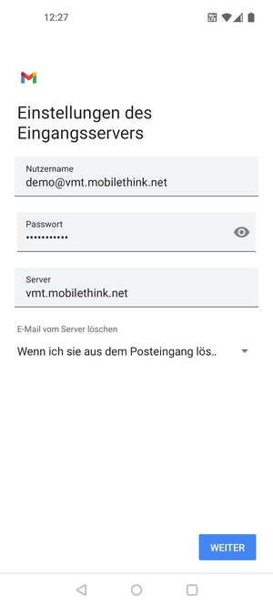 Geben Sie Nutzername und die Server-Adresse für eingehende Post ein. Wählen Sie WEITER