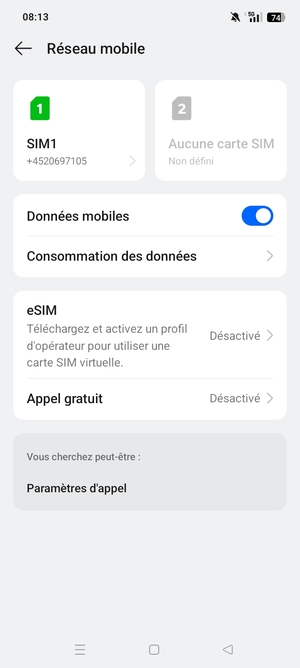 Sélectionnez SIM1 ou SIM2