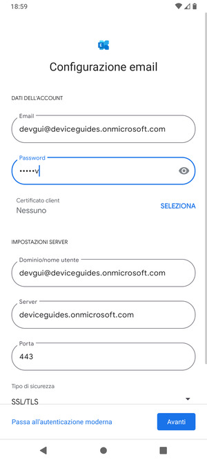 Inserisci Nome utente e l'indirizzo del server Exchange. Seleziona Avanti