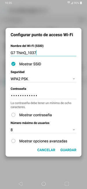 Introduzca una contraseña de punto de acceso Wi-Fi de al menos 8 caracteres y seleccione GUARDAR