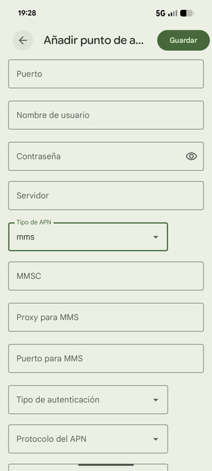 Desplácese hacia abajo e introduzca la información MMS