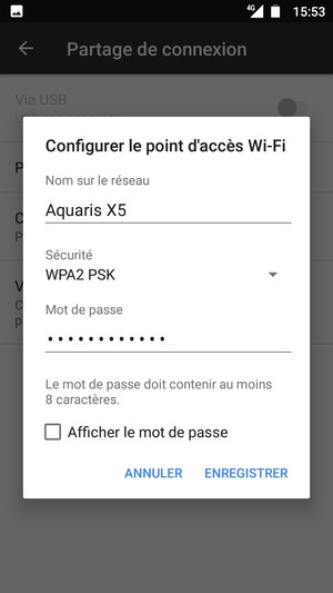 Saisissez un mot de passe de hotspot Wi-Fi d'au moins 8 caractères et sélectionnez ENREGISTRER