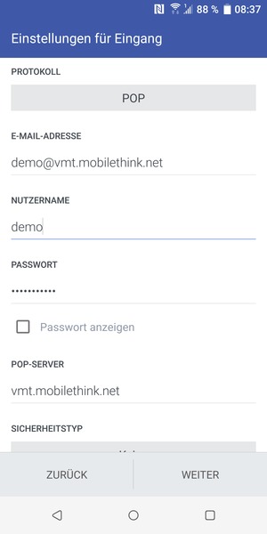 Geben Sie Benutzername und die Server-Adresse für eingehende Post ein. Wählen Sie WEITER