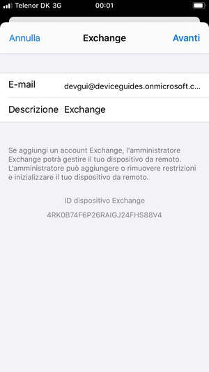 Inserisci informazioni email di Exchange e seleziona Avanti