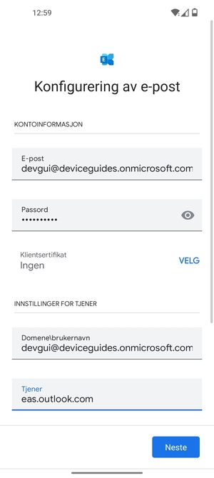 Skriv inn Brukernavn og Exchange serveradresse. Velg Neste