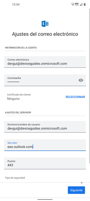 Introduzca Nombre de usuario y la dirección de servidor Exchange. Seleccione Siguiente