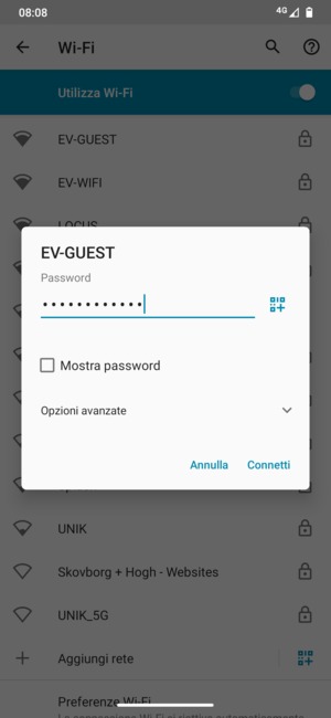 Inserisci la password del Wi-Fi e seleziona Connetti