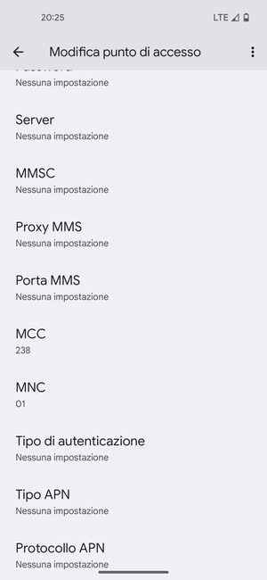 Scorri verso il basso e inserisci le informazioni di internet