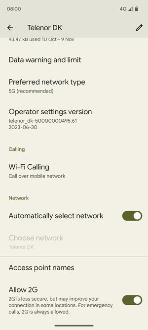 Scroll to and select Access point names