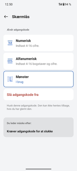Din telefon er nu sikret med en skærmlås