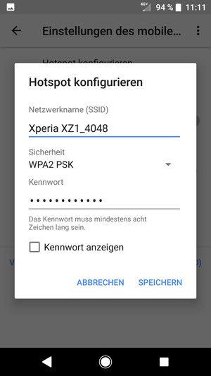 Geben Sie eine WLAN-Hotspot-Passwort mit mindestens 8 Zeichen ein und wählen Sie SPEICHERN