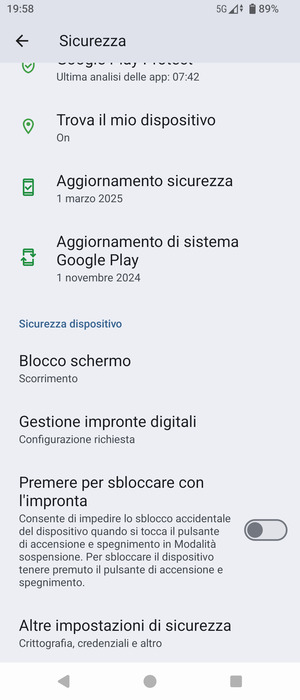 Per cambiare il PIN della scheda SIM, allez dans le menu Sicurezza et seleziona Altre impostazioni di sicurezza
