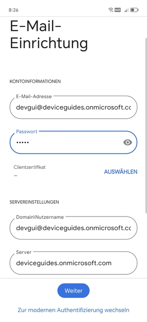 Geben Sie Benutzername und Exchange Server-Adresse ein. Wählen Sie Weiter