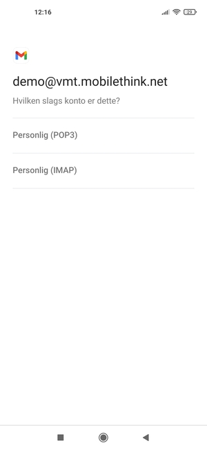 Vælg Personlig (POP3) eller Personlig (IMAP)