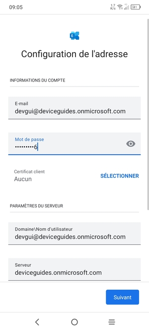 Saisissez votre Nom d'utilisateur et l'adresse du serveur Exchange. Sélectionnez Suivant