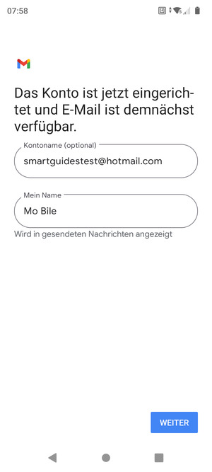 Geben Sie Ihrem Konto einen Namen und geben Sie Ihren Namen ein. Wählen Sie WEITER