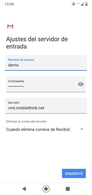 Introduzca Nombre de usuario y la dirección de servidor entrante. Seleccione SIGUIENTE