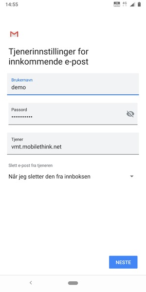 Skriv inn Brukernavn og innkommende serveradresse. Velg NESTE