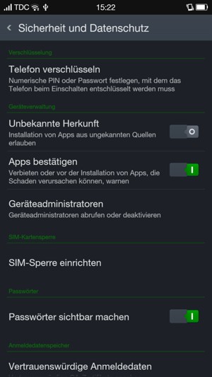 Um die PIN für die SIM-Karte zu wechseln, gehen Sie zum Sicherheit und Datenschutz Menü zurück und wählen Sie SIM-Sperre einrichten
