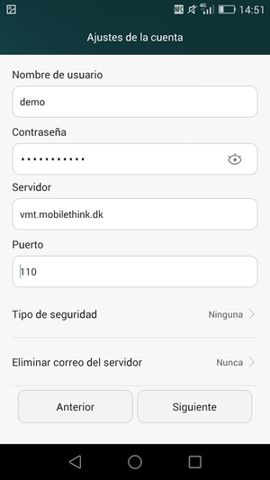 Introduzca Nombre de usuario y la dirección de servidor entrante. Seleccione Siguiente