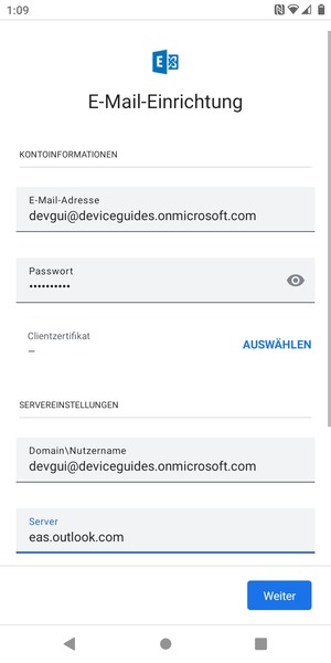 Geben Sie Benutzername und Exchange Server-Adresse ein. Wählen Sie Weiter