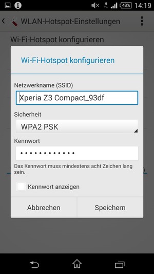 Geben Sie eine WLAN-Hotspot-Passwort mit mindestens 8 Zeichen ein und wählen Sie Speichern
