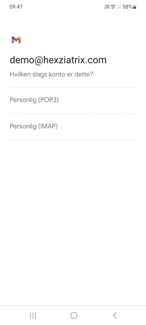 Vælg Personlig (POP3) eller Personlig (IMAP)