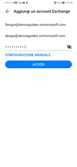 Inserisci indirizzo email, nome utente e password. Seleziona CONFIGURAZIONE MANUALE