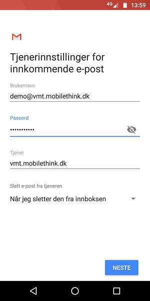 Skriv inn Brukernavn og innkommende serveradresse. Velg NESTE