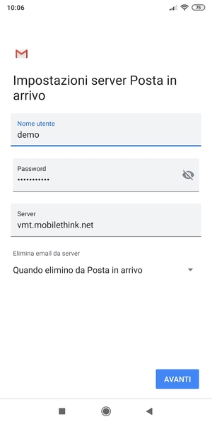 Inserisci Nome utente e l'indirizzo del server di posta in arrivo. Seleziona AVANTI