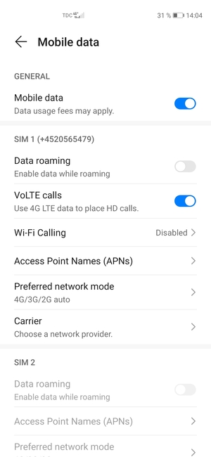Scroll to SIM 1 or SIM 2 and select  Preferred network type