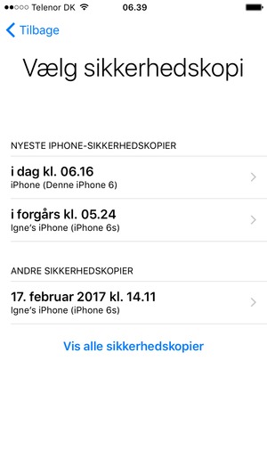 Vælg den seneste sikkerhedskopi fra listen og vælg Gendan