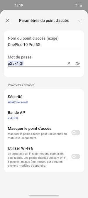 Saisissez un mot de passe de hotspot Wi-Fi d'au moins 8 caractères et sélectionnez OK