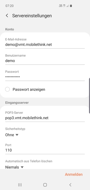 Geben Sie Benutzername und die Server-Adresse für eingehende Post ein