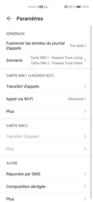 Faites défiler jusqu'à CARTE SIM 1 ou CARTE SIM 2 et sélectionnez Plus