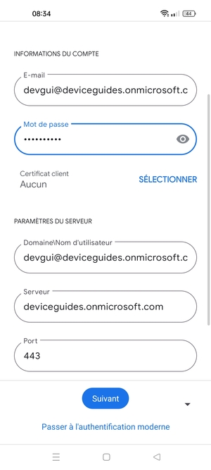 Saisissez votre Nom d'utilisateur et l'adresse du serveur Exchange. Sélectionnez Suivant