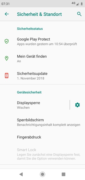 Um Ihre Bildschirmsperre zu aktivieren, gehen Sie zum Sicherheit & Standort Menü und wählen Sie  Displaysperre