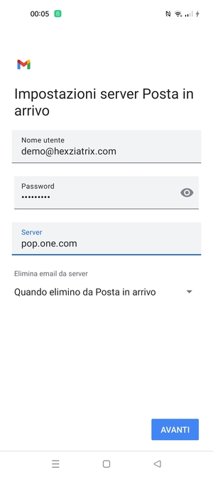 Inserisci Nome utente e l'indirizzo del server di posta in arrivo. Seleziona AVANTI