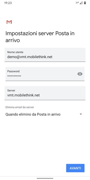 Inserisci Nome utente e l'indirizzo del server di posta in arrivo. Seleziona AVANTI