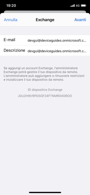 Inserisci informazioni email di Exchange e seleziona Avanti