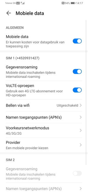 Schakel Gegevensroaming in of uit