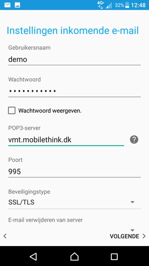 Voer Gebruikersnaam en binnenkomend serveradres in