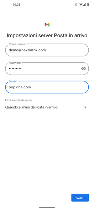 Inserisci Nome utente e l'indirizzo del server di posta in arrivo. Seleziona Avanti